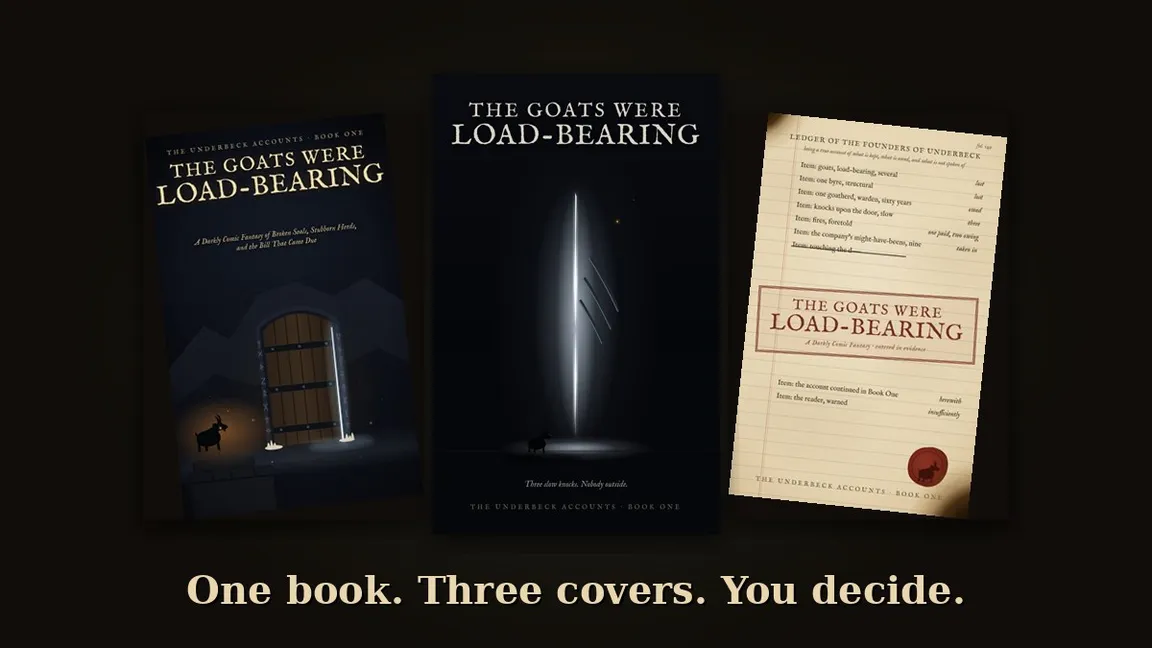 Three cover candidates for The Goats Were Load-Bearing fanned on a dark background: an ember-lit door, three slow knocks, and a founders' ledger