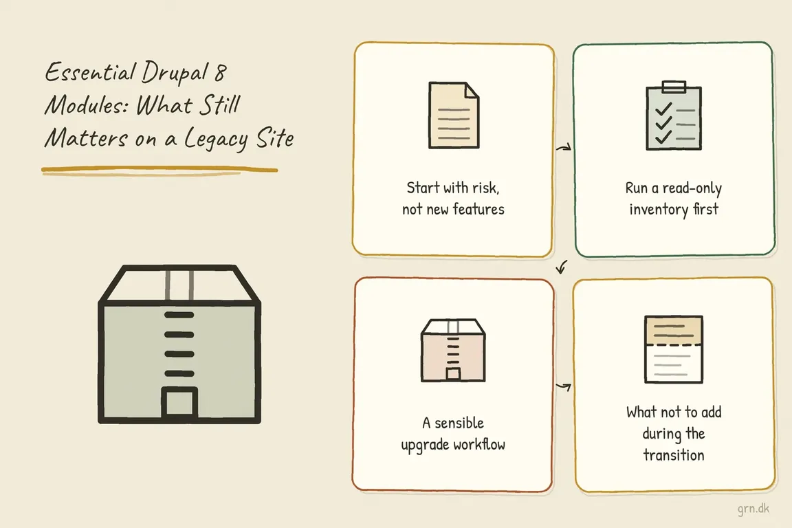 Illustrated infographic summarizing: Essential Drupal 8 Modules: What Still Matters on a Legacy Site