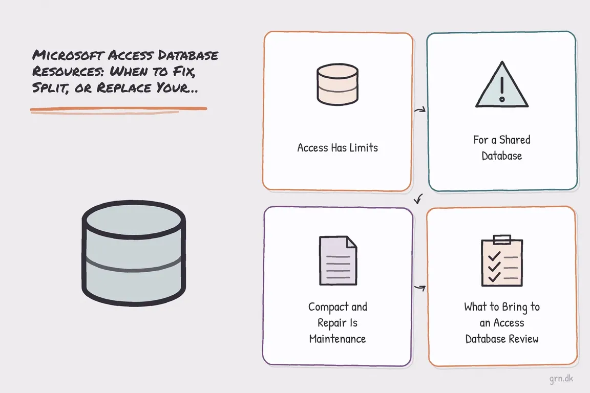 Illustrated infographic summarizing: Microsoft Access Database Resources: When to Fix, Split, or Replace Your System