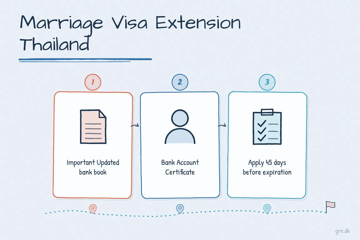 Illustrated infographic summarizing: Marriage Visa Extension Thailand