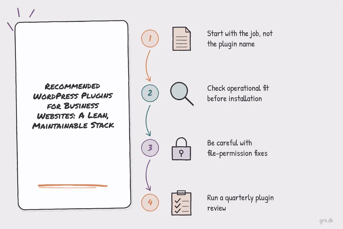 Illustrated infographic summarizing: Recommended WordPress Plugins for Business Websites: A Lean, Maintainable Stack