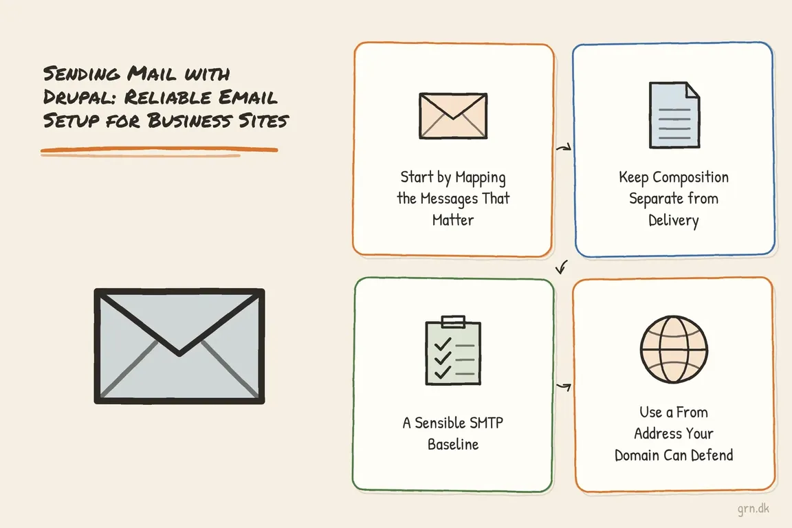 Illustrated infographic summarizing: Sending Mail with Drupal: Reliable Email Setup for Business Sites