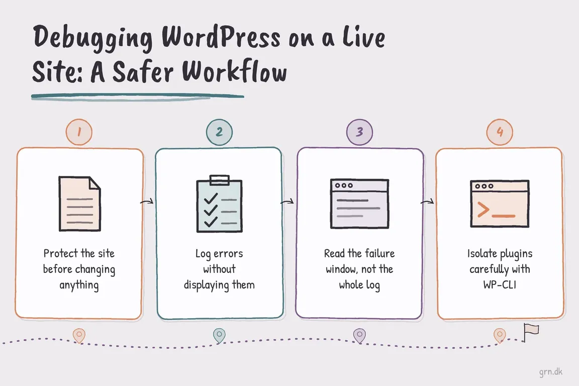 Illustrated infographic summarizing: Debugging WordPress on a Live Site: A Safer Workflow