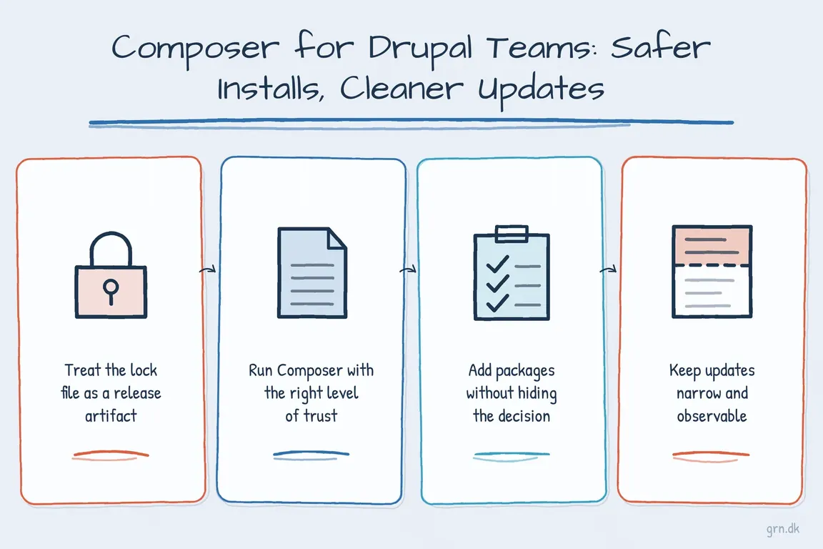 Illustrated infographic summarizing: Composer for Drupal Teams: Safer Installs, Cleaner Updates