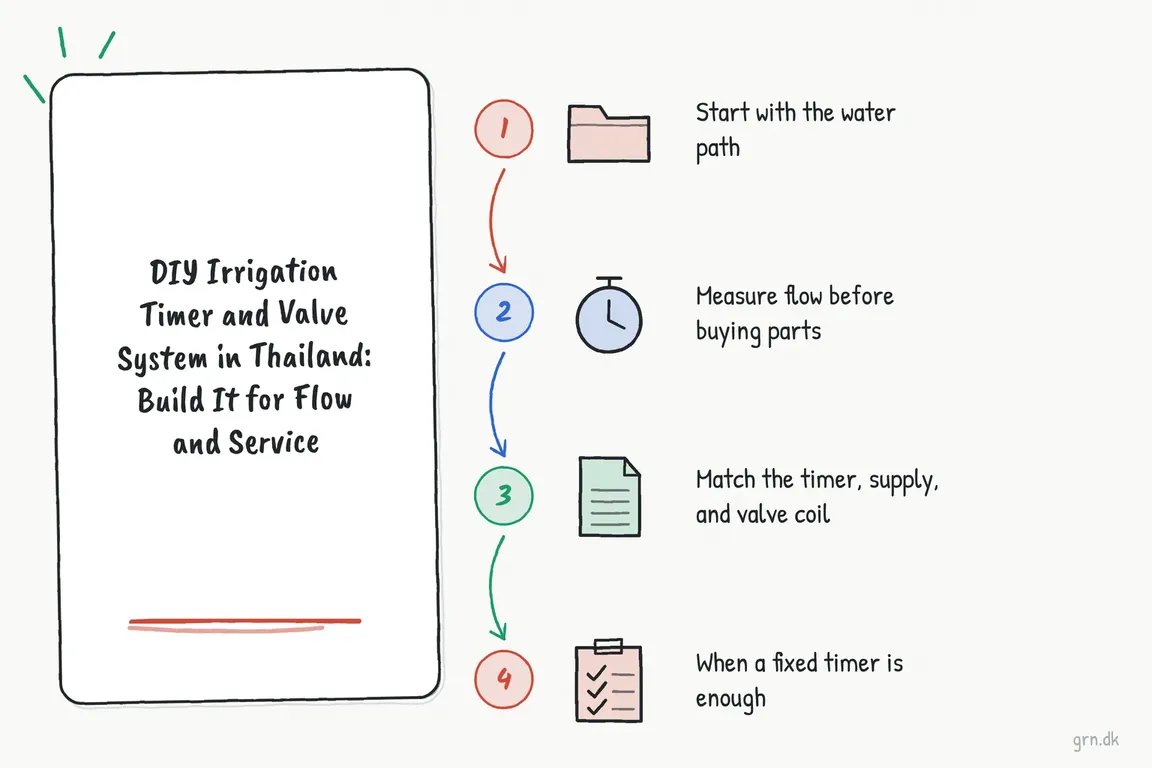 Illustrated infographic summarizing: DIY Irrigation Timer and Valve System in Thailand: Build It for Flow and Service