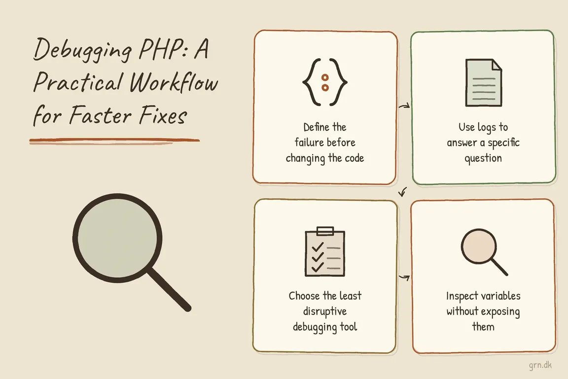 Illustrated infographic summarizing: Debugging PHP: A Practical Workflow for Faster Fixes