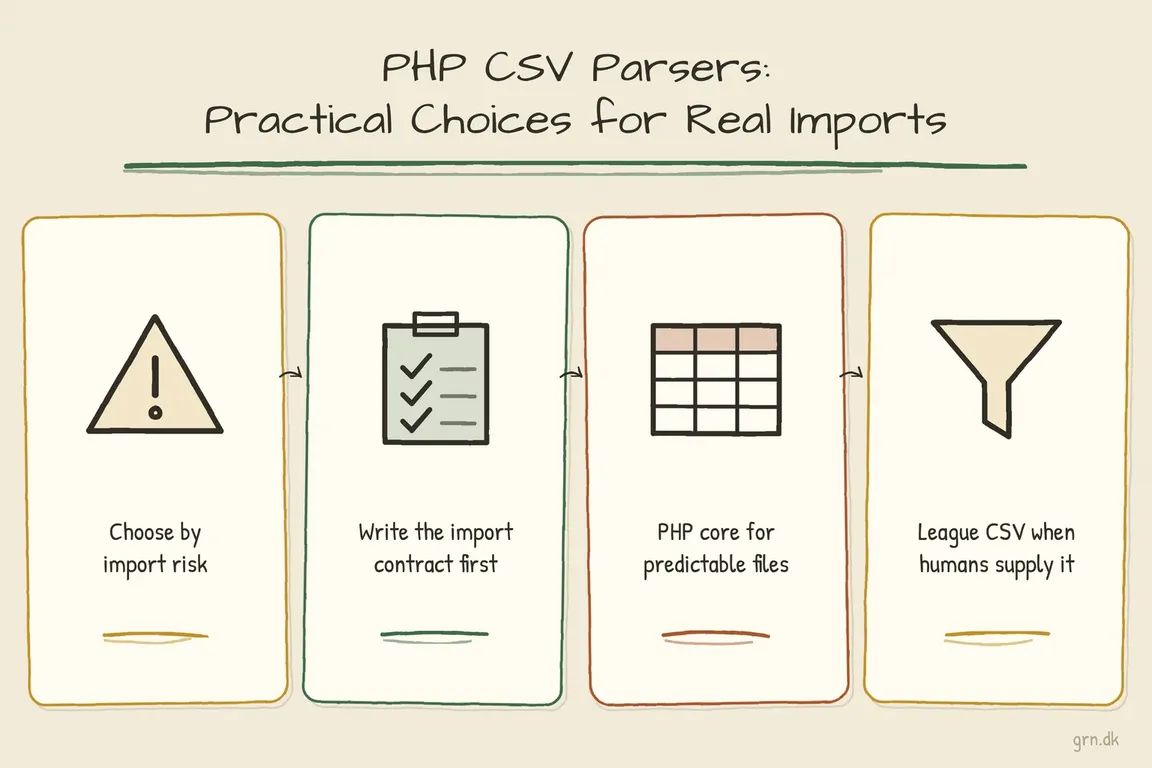 Illustrated infographic summarizing: PHP CSV Parsers: Practical Choices for Real-World Imports