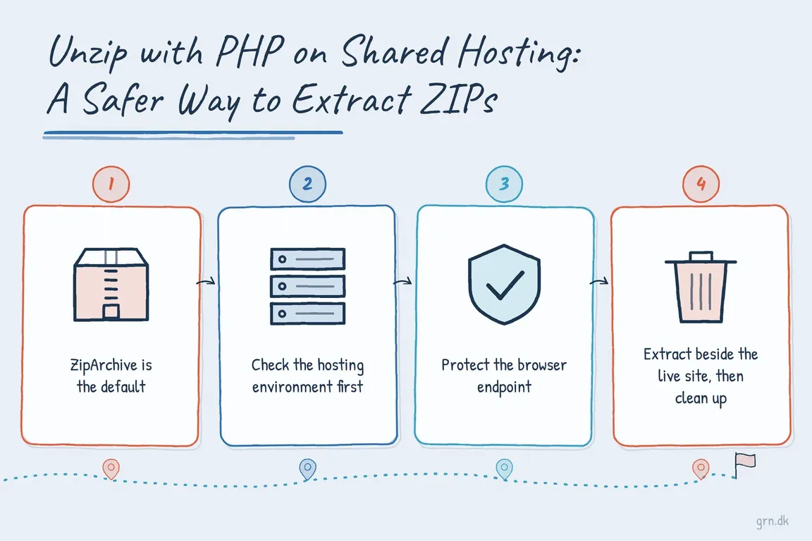Illustrated infographic summarizing: Unzip with PHP on Shared Hosting: A Safer Way to Extract ZIP Files
