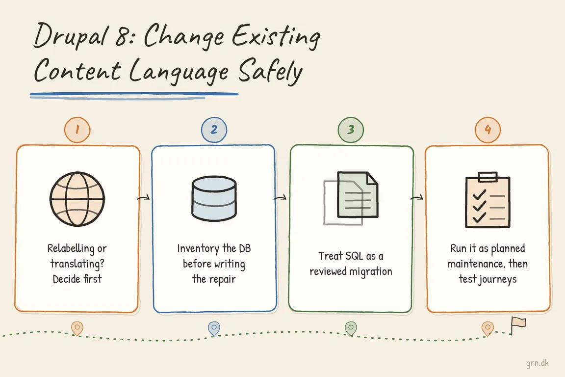 Illustrated infographic summarizing: Drupal 8: How to Change Existing Content Language Safely