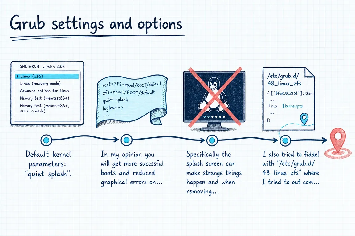 Illustrated infographic summarizing: Grub settings and options