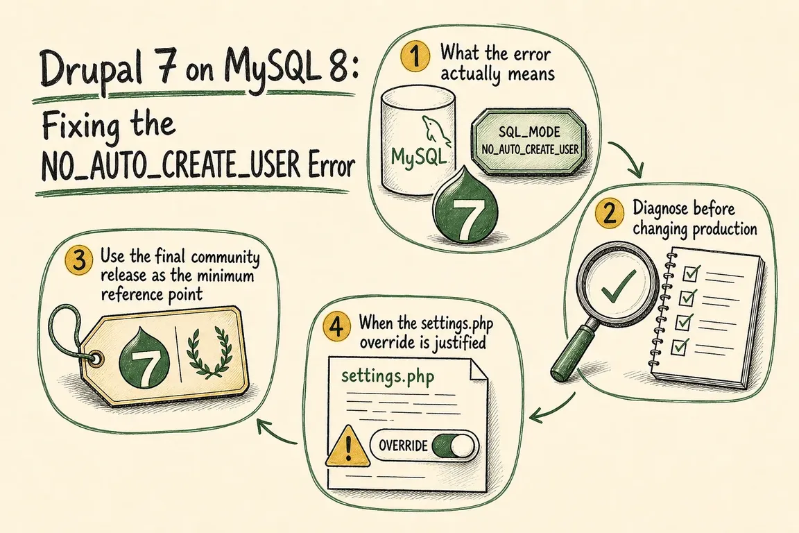 Illustrated infographic summarizing: Drupal 7 on MySQL 8: Fixing the NO_AUTO_CREATE_USER Error