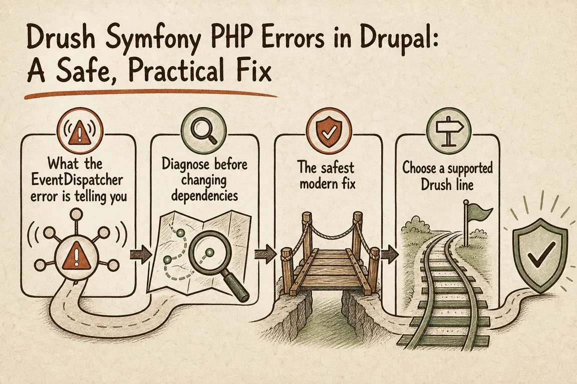 Illustrated infographic summarizing: Drush Symfony PHP Errors in Drupal: A Safe, Practical Fix