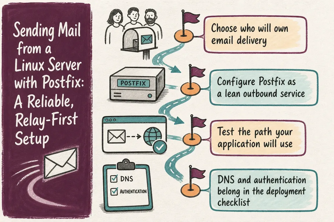 Illustrated infographic summarizing: Sending Mail from a Linux Server with Postfix: A Reliable, Relay-First Setup