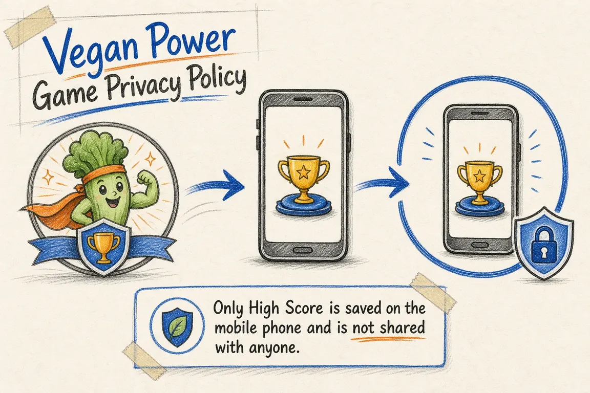 Illustrated infographic summarizing: Vegan Power Game Privacy Policy
