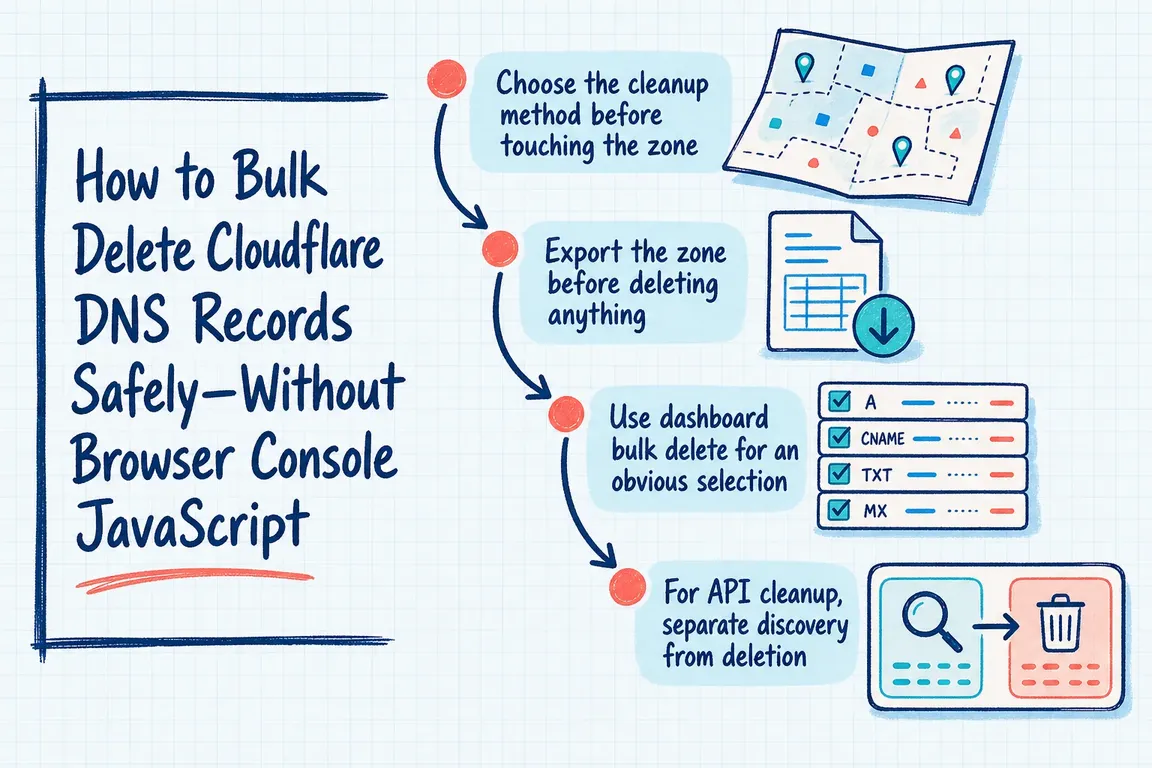 Illustrated infographic summarizing: How to Bulk Delete Cloudflare DNS Records Safely—Without Browser Console JavaScript