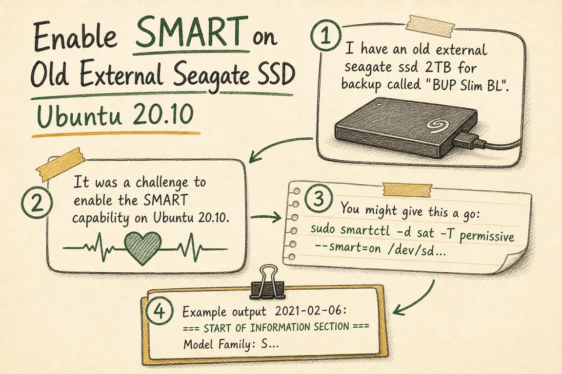 Illustrated infographic summarizing: Enable SMART on Old External Seagate SSD Ubuntu 20.10