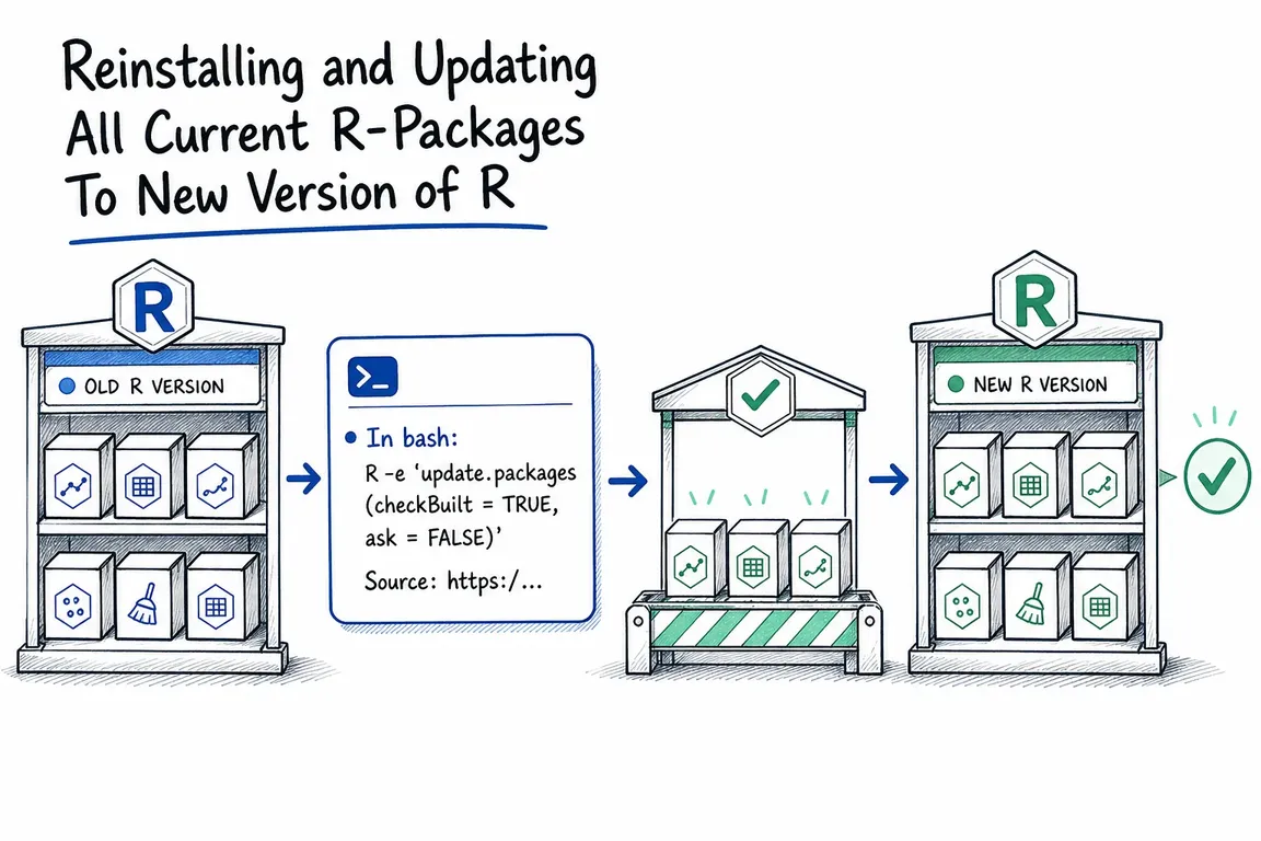 Illustrated infographic summarizing: Reinstalling and Updating All Current R-Packages To New Version of R