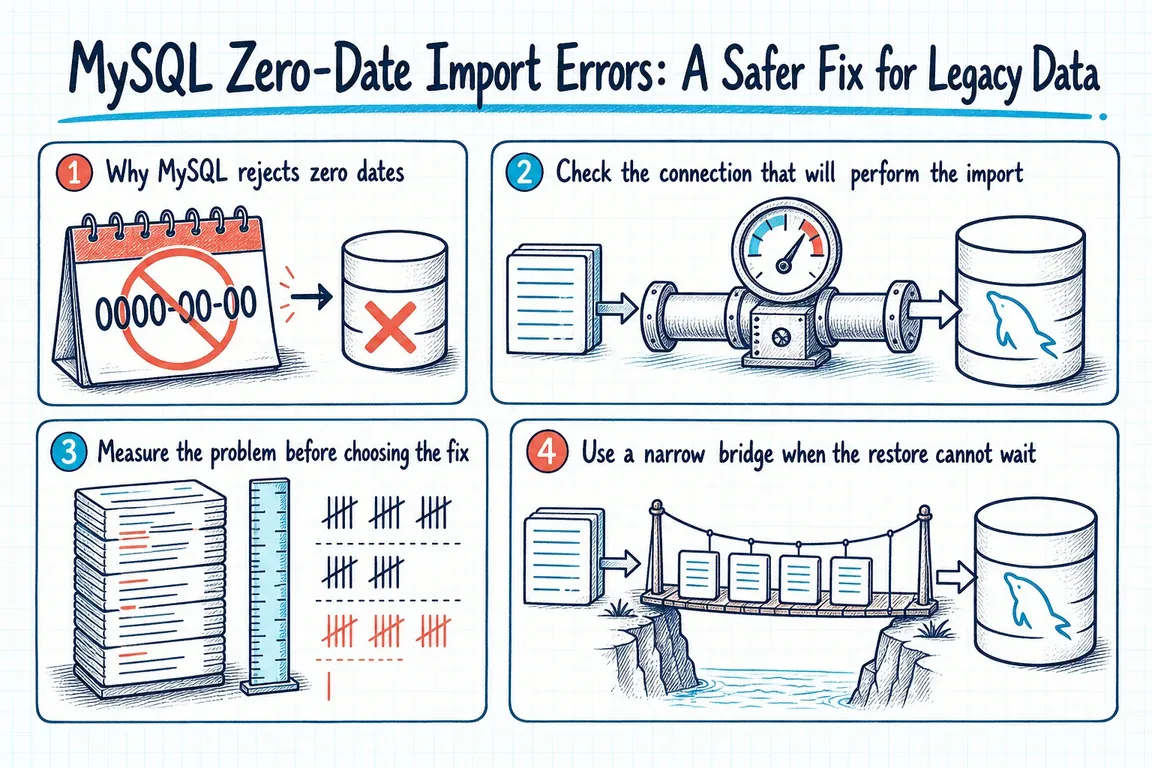 Illustrated infographic summarizing: MySQL Zero-Date Import Errors: A Safer Fix for Legacy Data