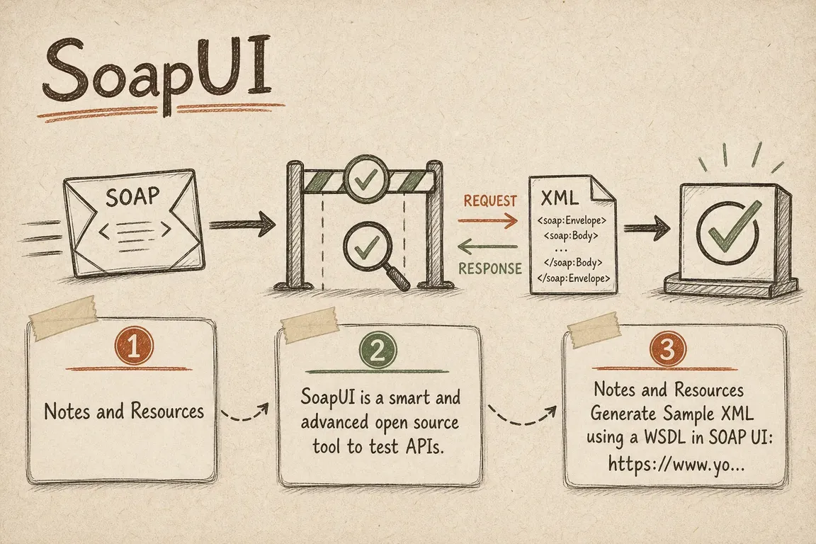 Illustrated infographic summarizing: SoapUI