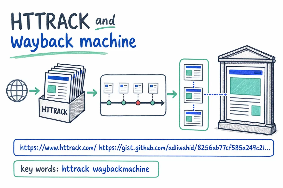 Illustrated infographic summarizing: HTTRACK and wayback machine