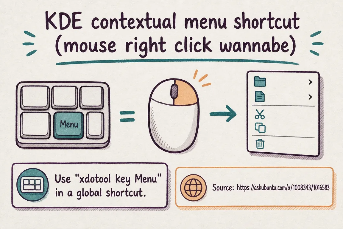 Illustrated infographic summarizing: KDE contextual menu shortcut (mouse right click wannabe)