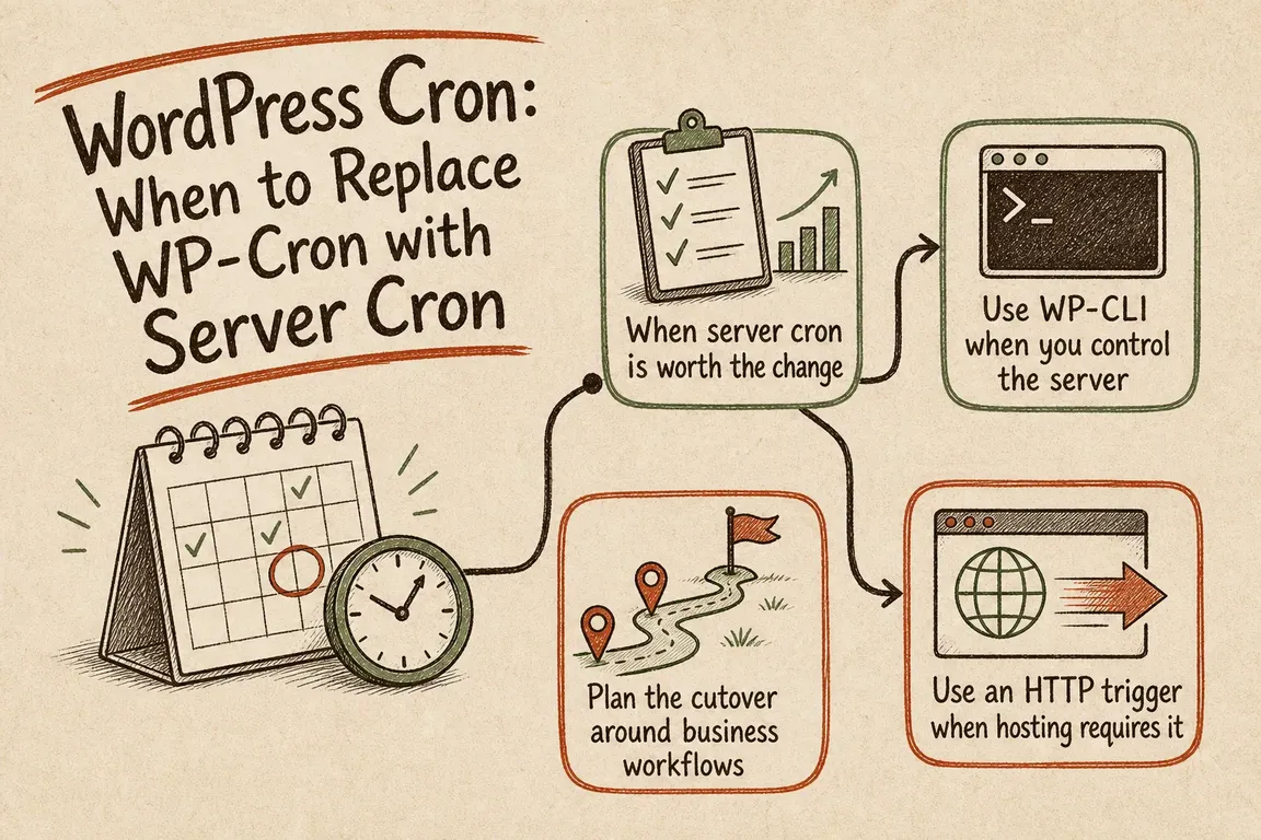 Illustrated infographic summarizing: WordPress Cron: When to Replace WP-Cron with Server Cron