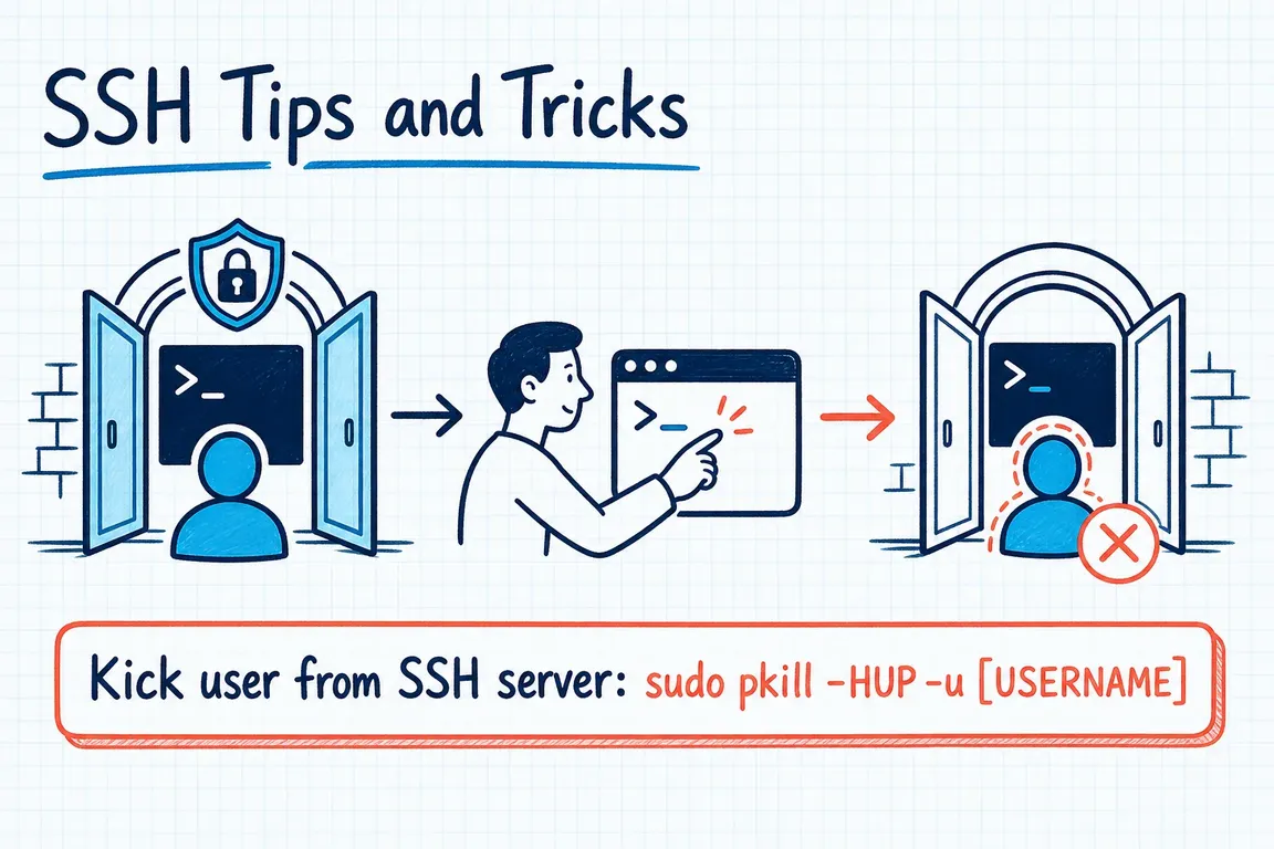 Illustrated infographic summarizing: SSH Tips and Tricks