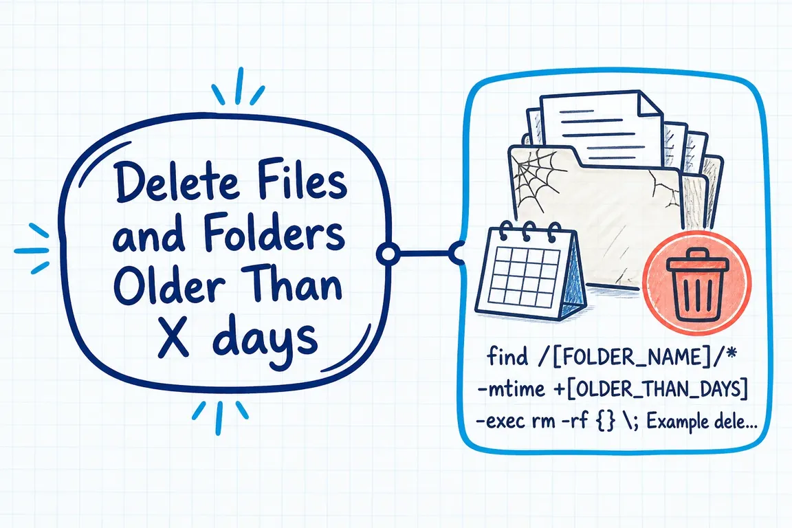 Illustrated infographic summarizing: Delete Files and Folders Older Than X days