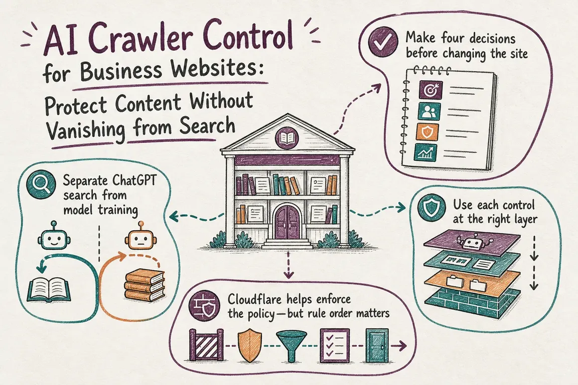 Illustrated infographic summarizing: AI Crawler Control for Business Websites: Protect Content Without Vanishing from Search