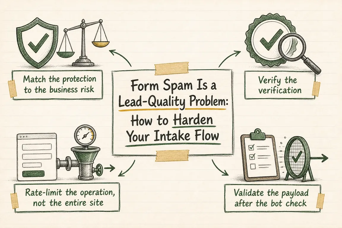 Illustrated infographic summarizing: Form Spam Is a Lead-Quality Problem: How to Harden Your Intake Flow