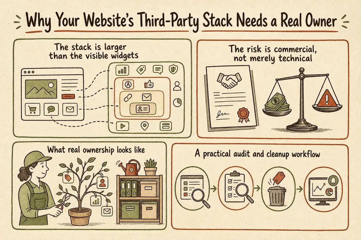 Illustrated infographic summarizing: Why Your Website’s Third-Party Stack Needs a Real Owner