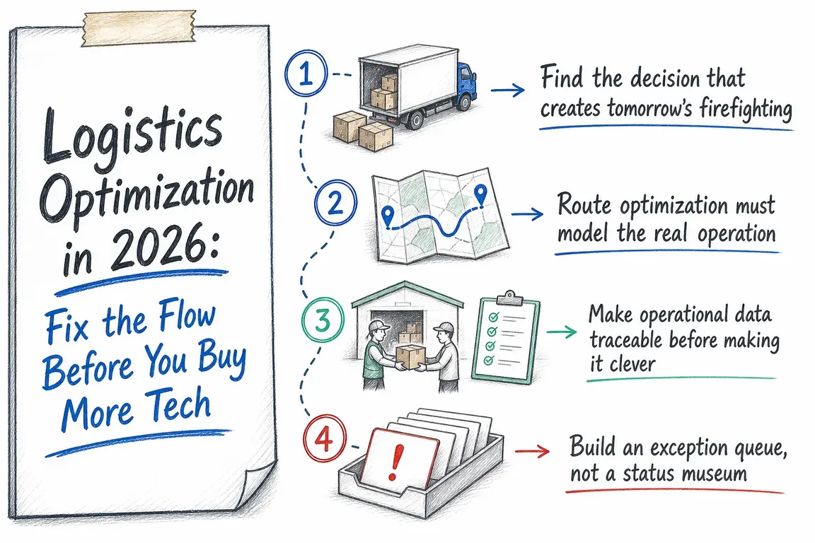 Illustrated infographic summarizing: Logistics Optimization in 2026: Fix the Flow Before You Buy More Tech