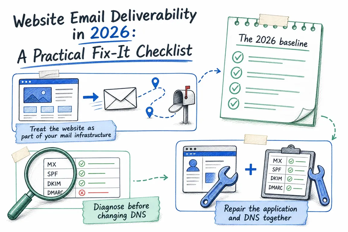 Illustrated infographic summarizing: Website Email Deliverability in 2026: A Practical Fix-It Checklist