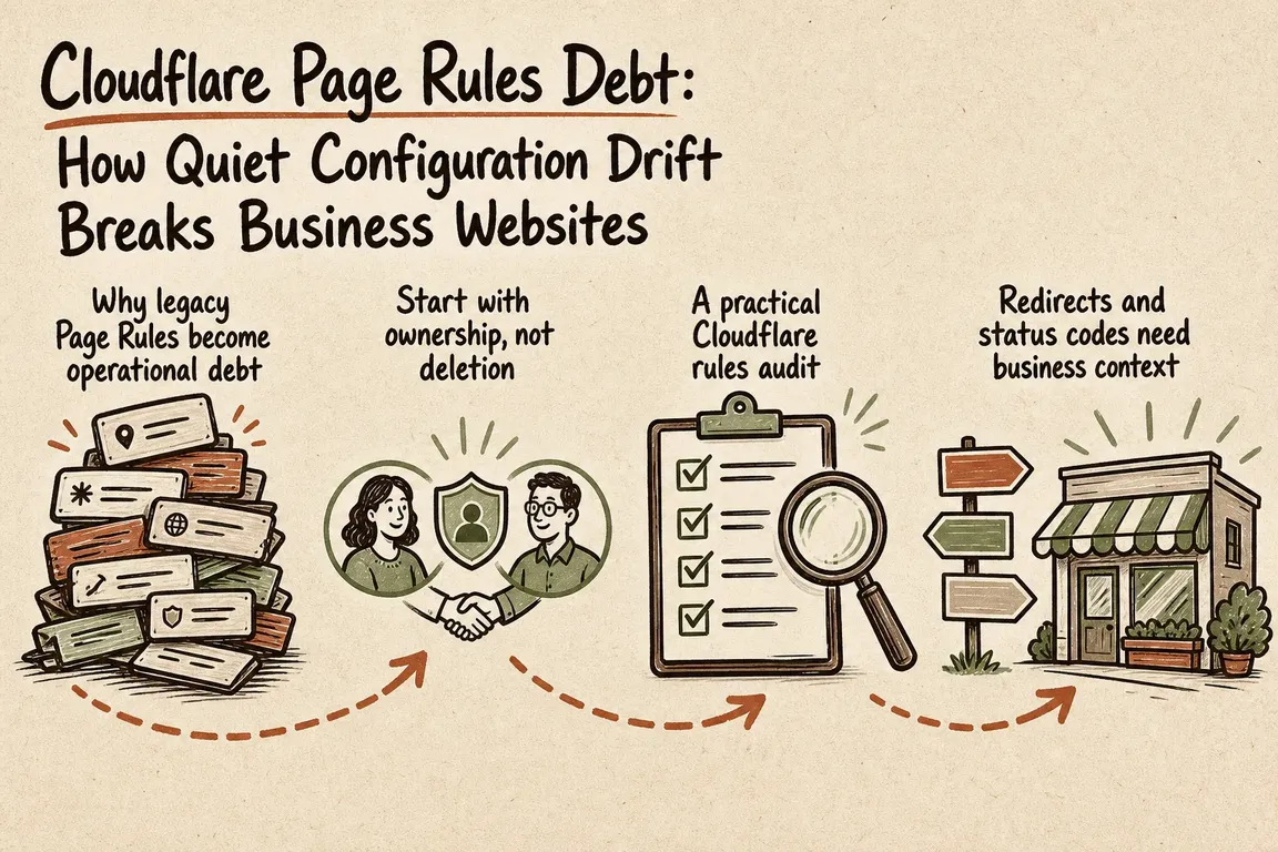 Illustrated infographic summarizing: Cloudflare Page Rules Debt: How Quiet Configuration Drift Breaks Business Websites