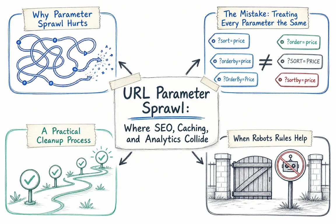 Illustrated infographic summarizing: URL Parameter Sprawl: Where SEO, Caching, and Analytics Collide