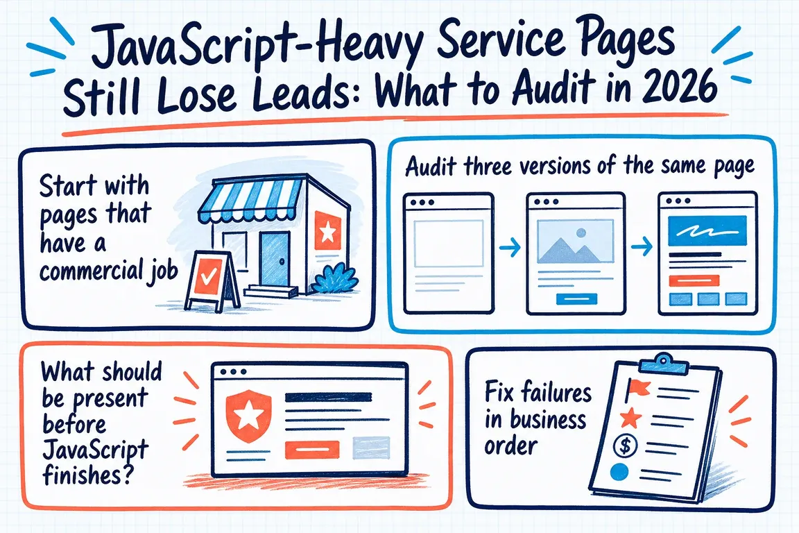 Illustrated infographic summarizing: JavaScript-Heavy Service Pages Still Lose Leads: What to Audit in 2026