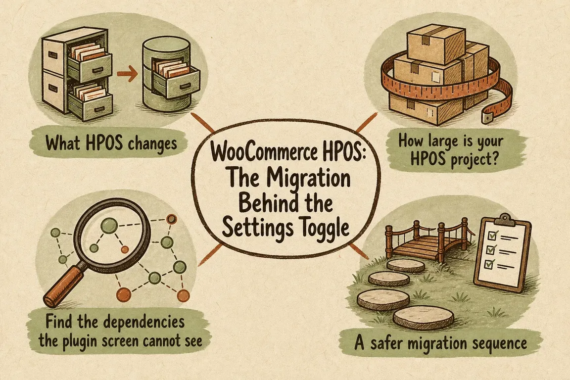 Illustrated infographic summarizing: WooCommerce HPOS: The Migration Behind the Settings Toggle