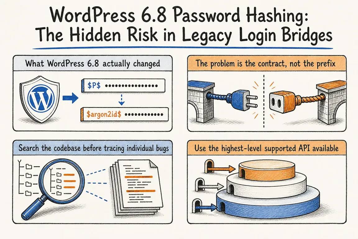 Illustrated infographic summarizing: WordPress 6.8 Password Hashing: The Hidden Risk in Legacy Login Bridges
