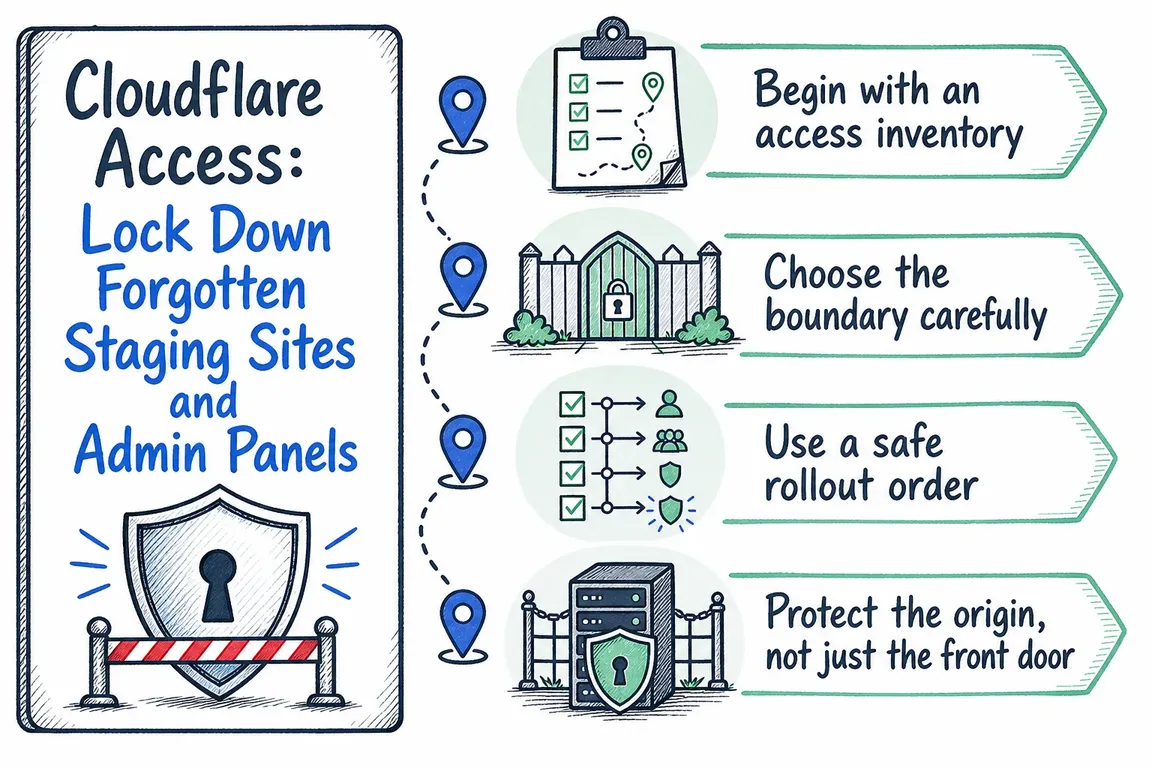 Illustrated infographic summarizing: Cloudflare Access: Lock Down Forgotten Staging Sites and Admin Panels