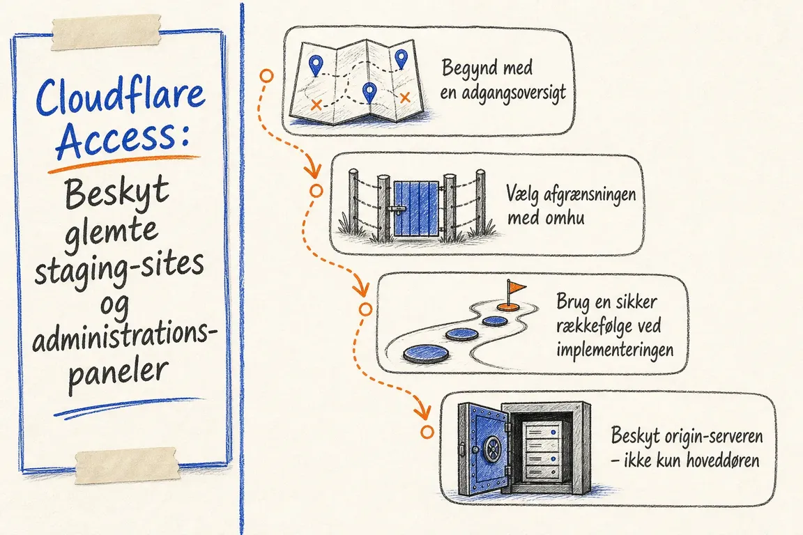 Illustreret infografik, der opsummerer: Cloudflare Access: Beskyt glemte staging-sites og administrationspaneler