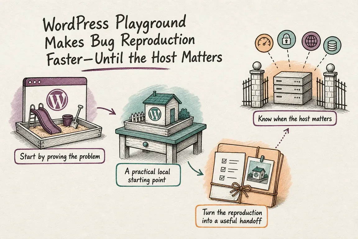 Illustrated infographic summarizing: WordPress Playground Makes Bug Reproduction Faster—Until the Host Matters