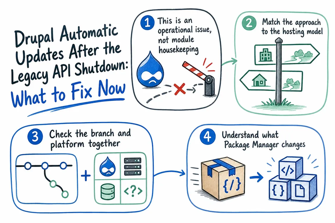 Illustrated infographic summarizing: Drupal Automatic Updates After the Legacy API Shutdown: What to Fix Now