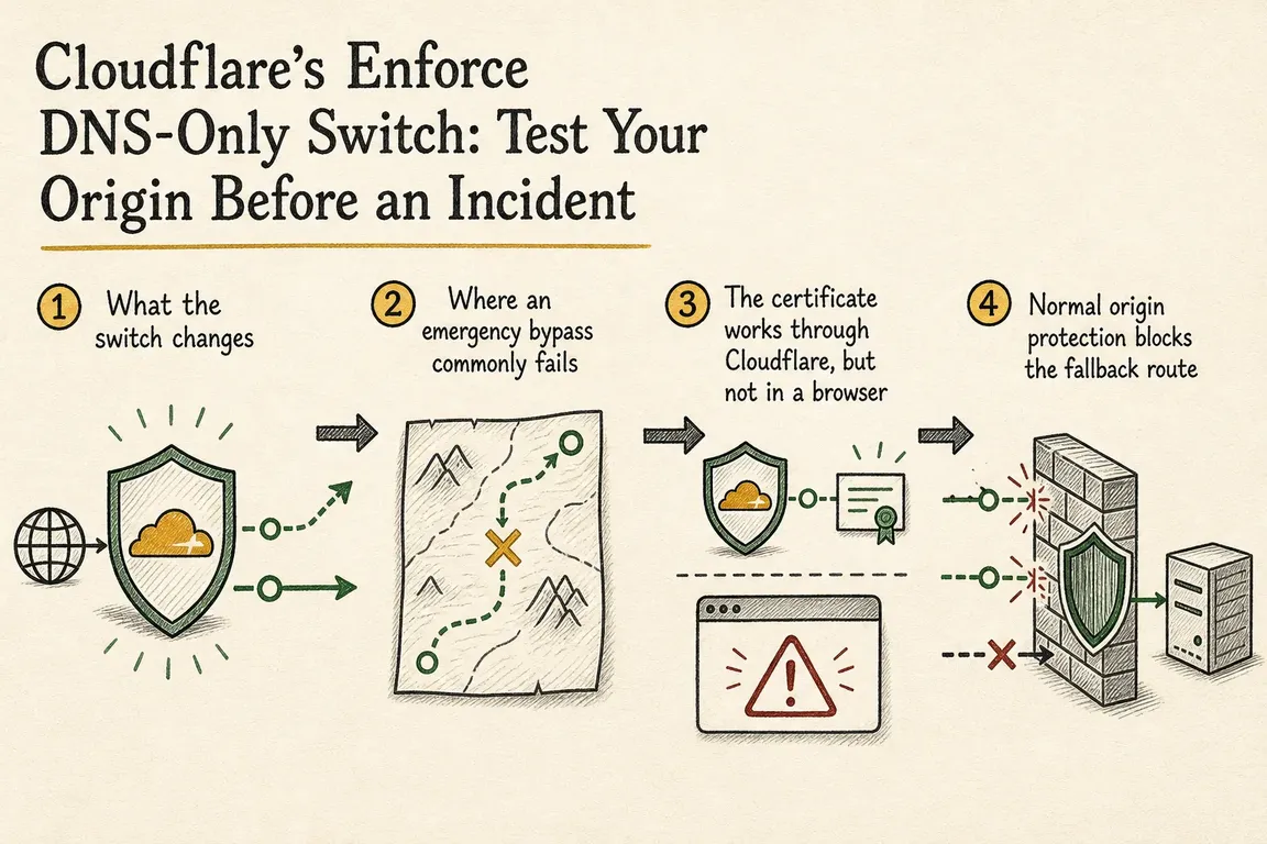 Illustrated infographic summarizing: Cloudflare’s Enforce DNS-Only Switch: Test Your Origin Before an Incident