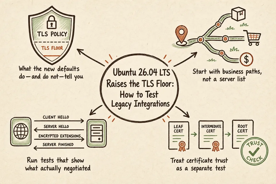 Illustrated infographic summarizing: Ubuntu 26.04 LTS Raises the TLS Floor: How to Test Legacy Integrations