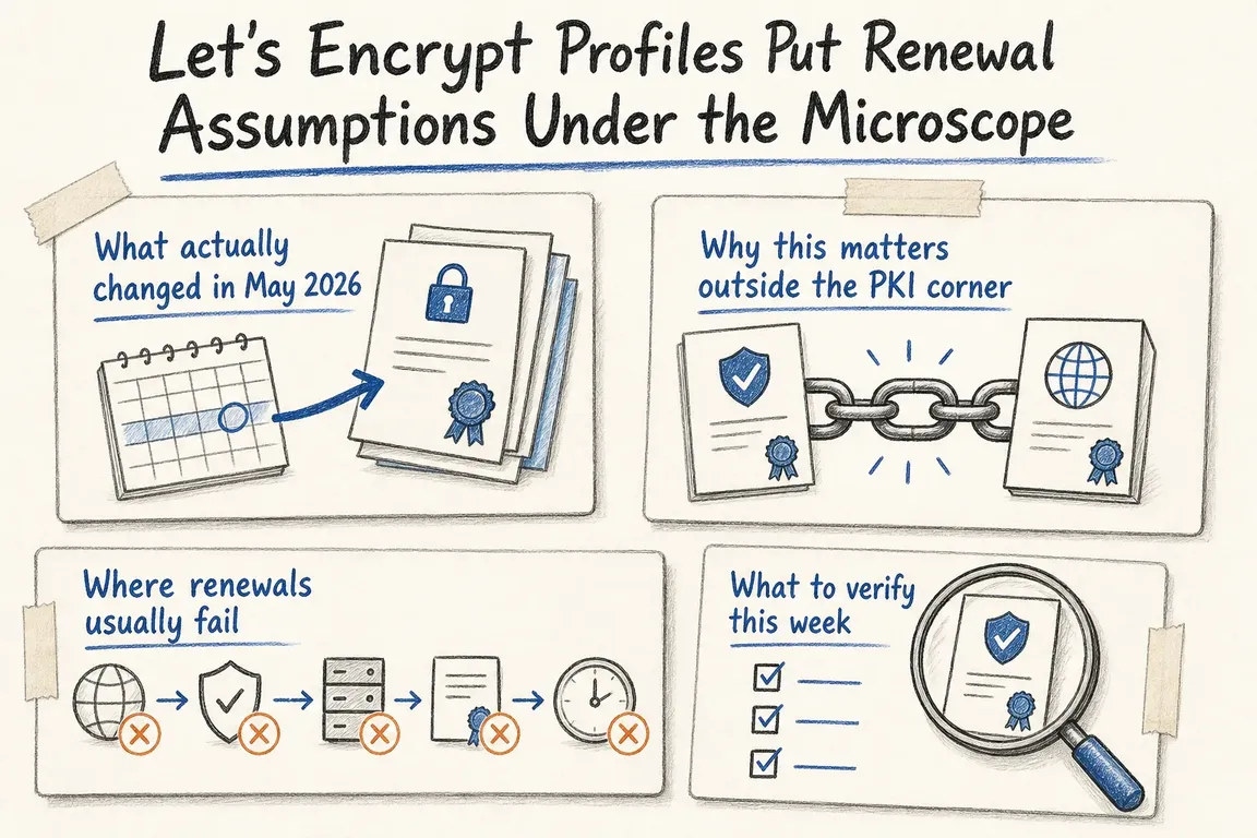 Illustrated infographic summarizing: Let's Encrypt Profiles Put Renewal Assumptions Under the Microscope