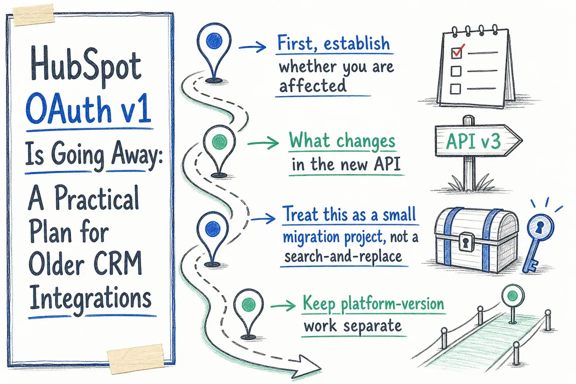 Illustrated infographic summarizing: HubSpot OAuth v1 Is Going Away: A Practical Plan for Older CRM Integrations