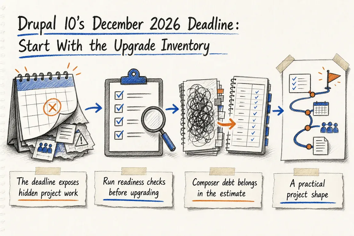 Illustrated infographic summarizing: Drupal 10's December 2026 Deadline: Start With the Upgrade Inventory