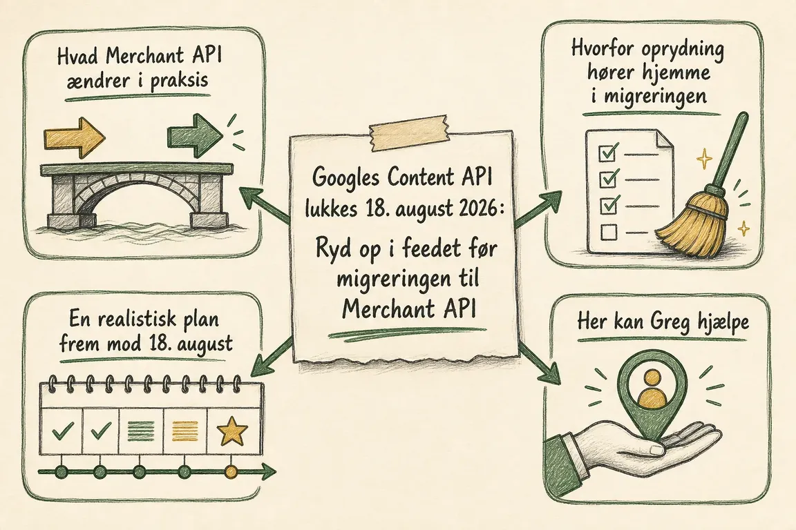 Illustreret infografik, der opsummerer: Googles Content API lukkes 18. august 2026: Ryd op i feedet før migreringen til Merchant API
