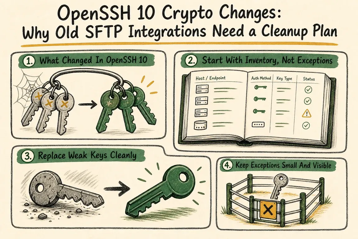 Illustrated infographic summarizing: OpenSSH 10 Crypto Changes: Why Old SFTP Integrations Need a Cleanup Plan
