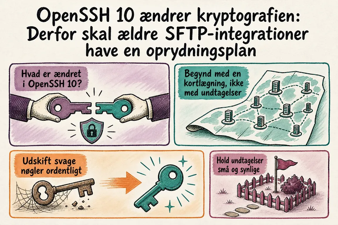 Illustreret infografik, der opsummerer: OpenSSH 10 ændrer kryptografien: Derfor skal ældre SFTP-integrationer have en oprydningsplan